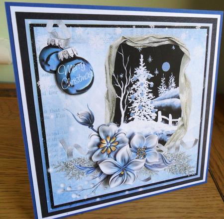 Winter Flowers and Snow Scene at Night on Blue 8x8inch by Johanna Lambert