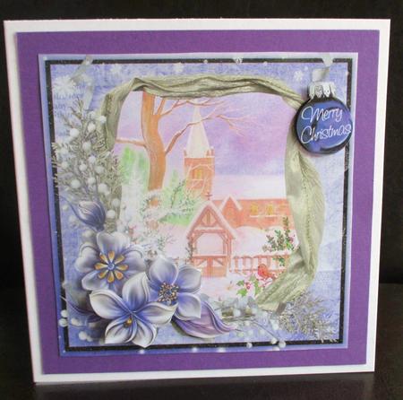 Winter Flowers & Church in the Snow on Purple 8x8inch by Johanna Lambert