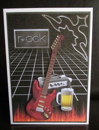 Rock Guitar and Beer Card Front with Decoupage by Johanna Lambert