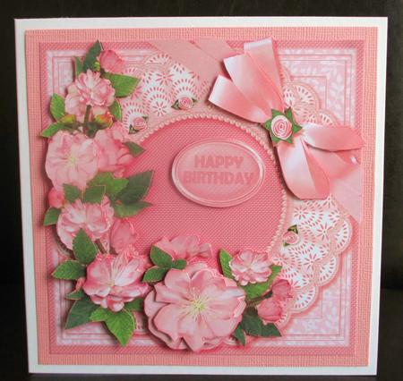 Pink Blossom with Broidery Anglaise Doily 6in x 6in Decoupag by Johanna Lambert