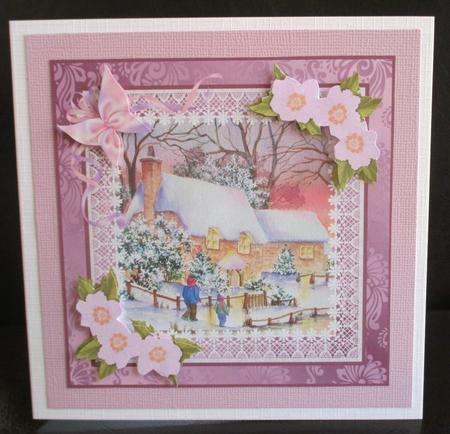 8x8 Cottages in Snow with Flowers Decoupage by Johanna Lambert