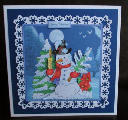 Snowman Lights His Way Home Card with Decoupage by Johanna Lambert