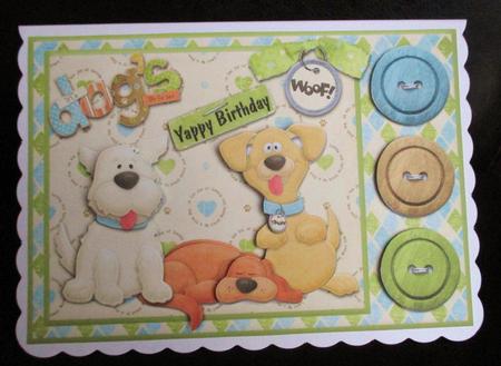 Woof! Yappy Birthday Dogs & Button Card Front with Decoupage by Johanna Lambert