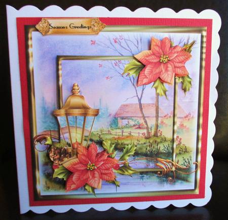 Beautiful 6x6 Poinsettia Lantern Winter Scene Topper by Johanna Lambert