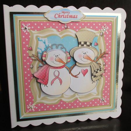 Pink Snowmen Square Card Front by Johanna Lambert