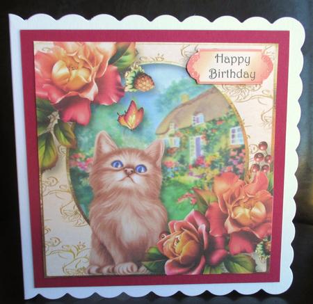 Cottage Kitten with Sunset Roses & Butterfly Quick Topper by Johanna Lambert