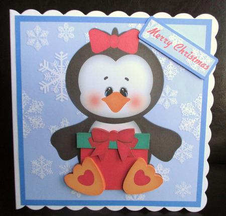 Penguin with Present 8 x 8 Card by Johanna Lambert