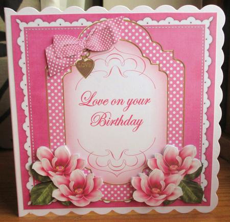 Cerise Magnolia Love on Birthday Fancy 7in Decoupage Topper by Johanna Lambert