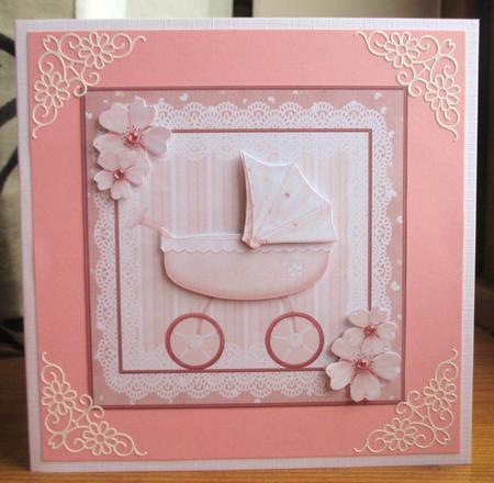 Baby Girl Pram Card with Decoupage by Johanna Lambert