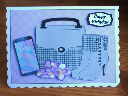 Plaid Handbag, Boots, Purple Flowers & Smartphone by Johanna Lambert