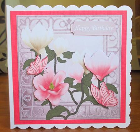 Pretty Buterflies with Cream and Pink Magnolias 8x8 Card by Johanna Lambert