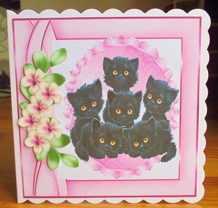 Sweet Little Black Kittens on Lace with Flowers, 8x8 by Johanna Lambert
