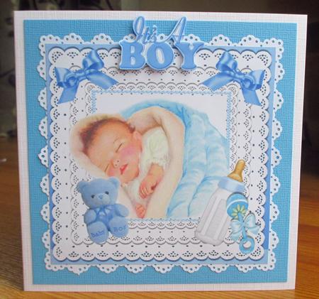 Sweet Little Sleeping Baby Boy on Lace with Bows 8x8 by Johanna Lambert