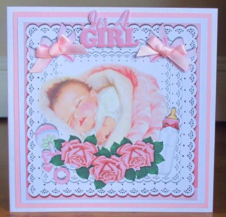 Sleepy Baby Girl in Lace Frame with Roses & Bottle 8x8 by Johanna Lambert