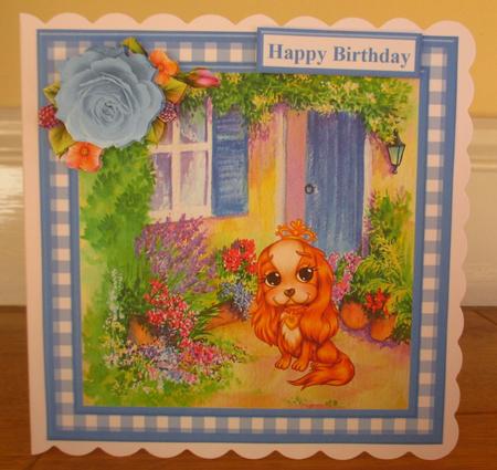 Cute Cavalier Puppy Scene Gingham Topper & Decoupage by Johanna Lambert