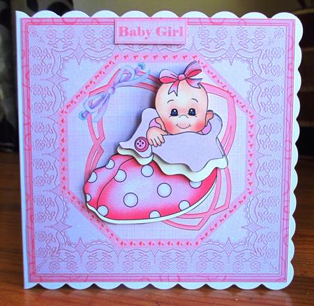 New Baby Girl in a Slipper Bed 7x7 Card with Decoupage by Johanna Lambert