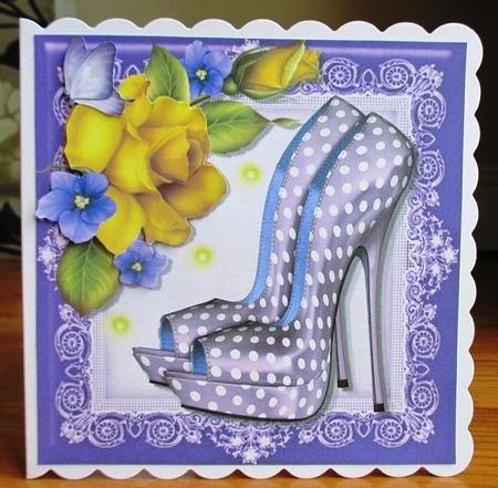 Beautiful Lilac Polka Dot Shoe with Yellow Roses 8x8 by Johanna Lambert