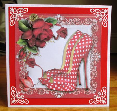 Beautiful Red Polka Dot Shoe with Red Roses 8x8 by Johanna Lambert