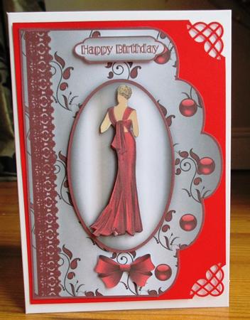 Art Deco Lady in Red 'n Lace Scallop Card Front by Johanna Lambert