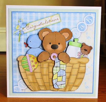 New Baby Boy Bear in Basket Decoupage by Johanna Lambert