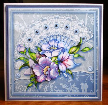 Blue Anemones on a Lace Fan 8in x 8in Decoupage by Johanna Lambert