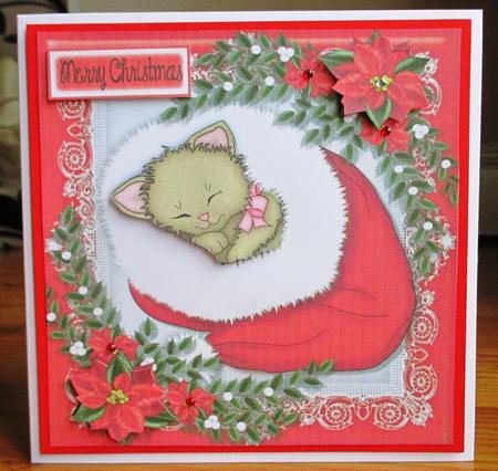 Snuggled Up Cat in Santa Hat 8x8 by Johanna Lambert