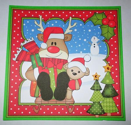 8 x 8 Christmas Sledging Rudolph Scalloped Corner Topper by Johanna Lambert