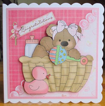 Baby Girl Bear in Basket Topper & Decoupage by Johanna Lambert