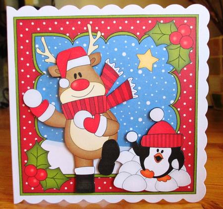 8 x 8 Christmas Snowball Fight Rudolph Scalloped Corner Topp by Johanna Lambert