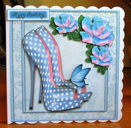 Beautiful Blue Polka Dot Shoe with Blue Rose 8x8 by Johanna Lambert