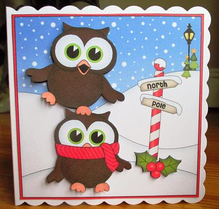 8 x 8 Christmas Little Hoot Owls Scalloped Corner Topper by Johanna Lambert
