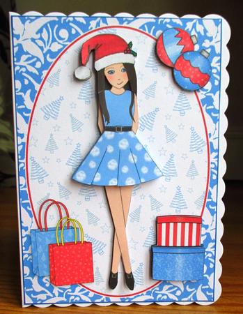 Christmas Shopping Boxes and Bags Brunette in Blue Decoupage by Johanna Lambert