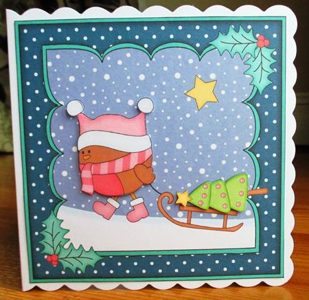 8 x 8 Christmas Bobbin Robin's Sledge Scalloped Corner by Johanna Lambert