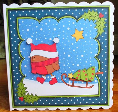 8 x 8 Christmas Bobbin Robin's Sledge Scalloped Corner by Johanna Lambert