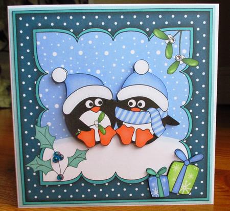 8x8 Xmas Penguin Love Scalloped Corner Topper by Johanna Lambert