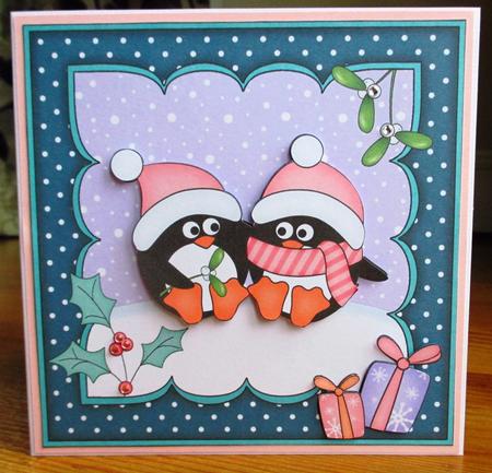8x8 Xmas Penguin Love Scalloped Corner Topper by Johanna Lambert