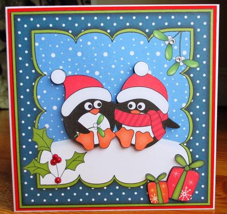 8x8 Xmas Penguin Love Scalloped Corner Topper by Johanna Lambert