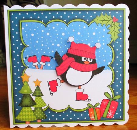 8x8 Xmas Skating Pip Penguin Scalloped Corner Topper by Johanna Lambert