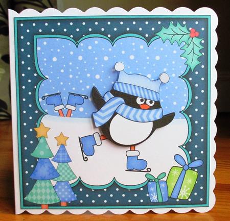 8x8 Xmas Skating Pip Penguin Scalloped Corner Topper by Johanna Lambert