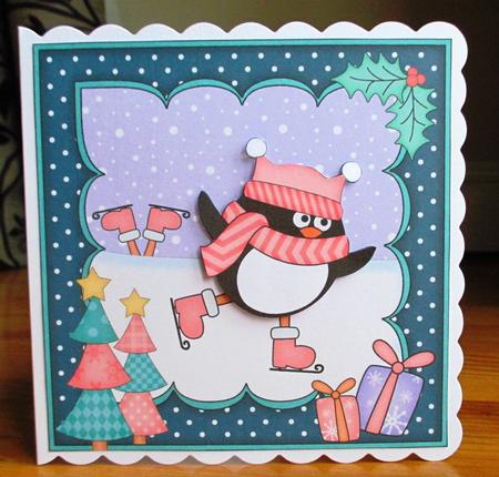 8x8 Xmas Skating Pip Penguin Scalloped Corner Topper by Johanna Lambert