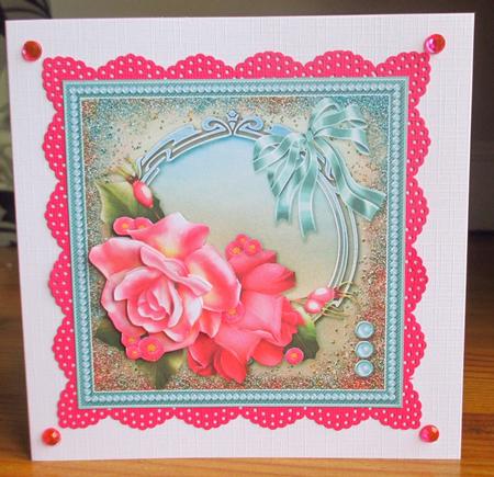 Pink Roses on a Teal Frame 8in x 8in Decoupage by Johanna Lambert