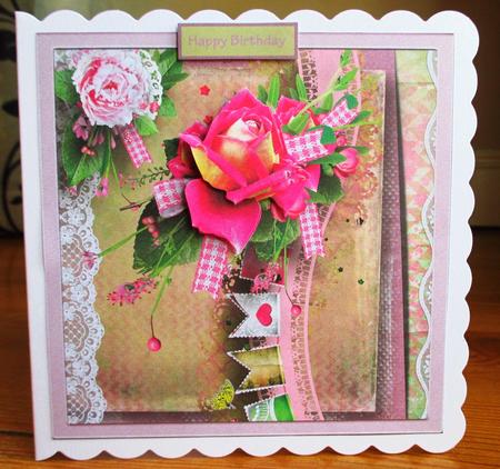 Pink Tea Rose 7x7 Card with Decoupage and Sentiment Tags by Johanna Lambert