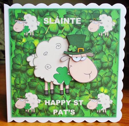 St Pats Slainte Sheep Card Front by Johanna Lambert
