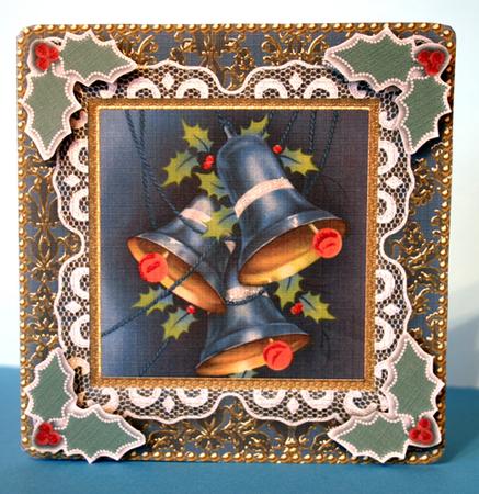 Christmas Blue Bells Lace Damask Square Folded Card by Jolanta Januszewska
