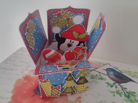 3D Xmas Snowballing Pip Penguin Rubber Band Pop Up Box Card by calleja josianne