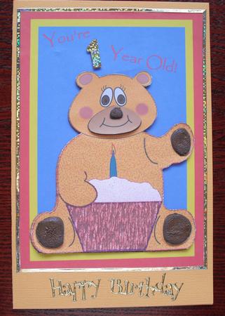 Teddy with Cupcake Card Front with Decoupage for 1 Yr. Old by Jose Hopkins