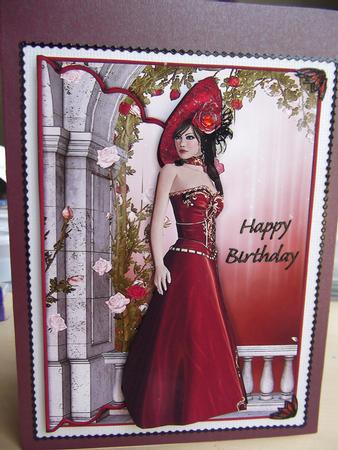 Elegant Lady in a Red Hat and Dress Scalloped Envelope Card by Joy Chappelle
