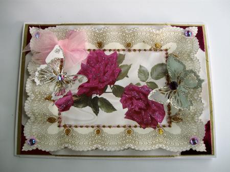 Pink Roses, Pink Pearls on Vintage Lace A4 by Joy Comstock