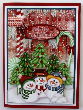 Trio of Snowmen in Candyland 5x7 by Joy Comstock