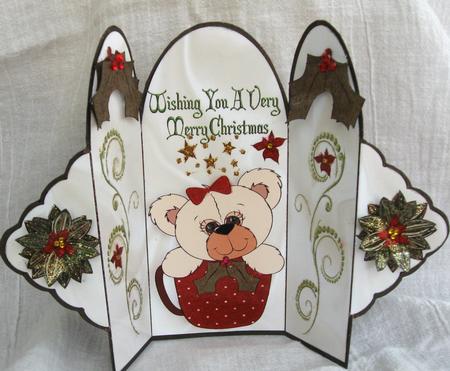 Christmas Bear in a Teacup with Holly, Trifold by Joy Comstock